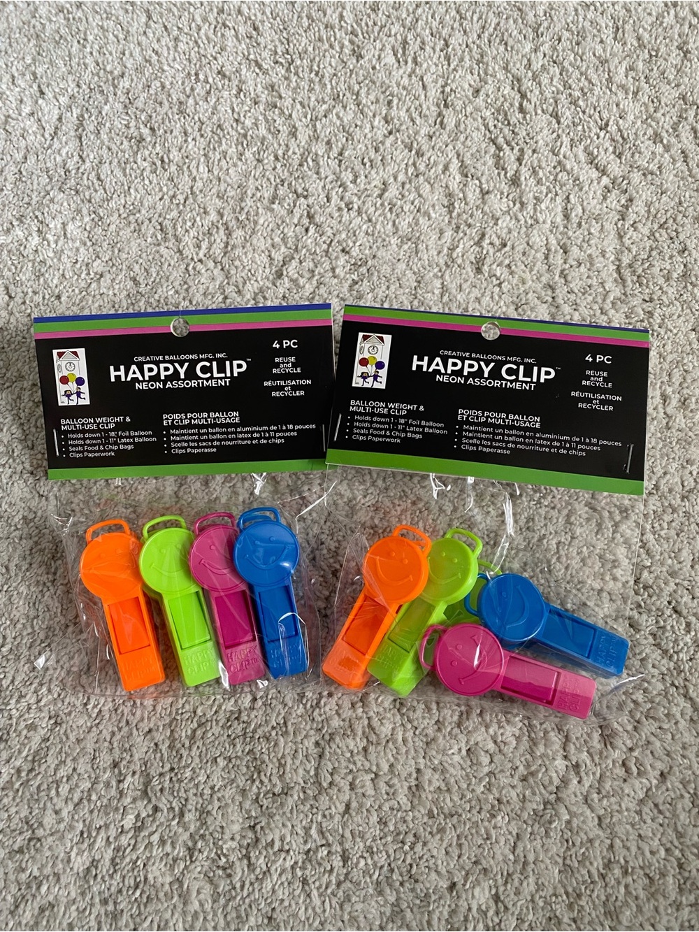 Pair of 2 Happy Clips Neon Assortment 8 Clips Total Balloon Weight